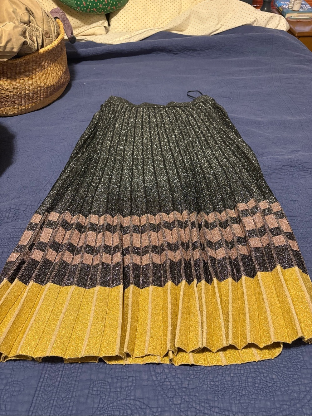 Derek Lam Metallic Pleated Midi Skirt in Black, Pink and Yellow